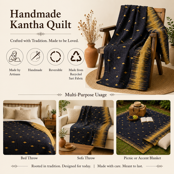 Pink & Gold handmade vintage Kantha quilt EBY-TW-254 – reversible cotton twin boho bedspread