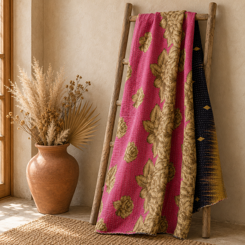 Pink & Gold handmade vintage Kantha quilt EBY-TW-254 – reversible cotton twin boho bedspread