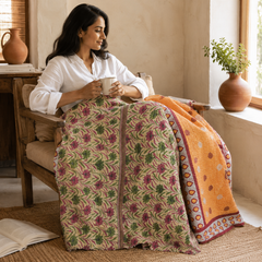 Coral & Orange Floral handmade vintage Kantha quilt EBY-TW-255 – reversible cotton twin boho bedspread