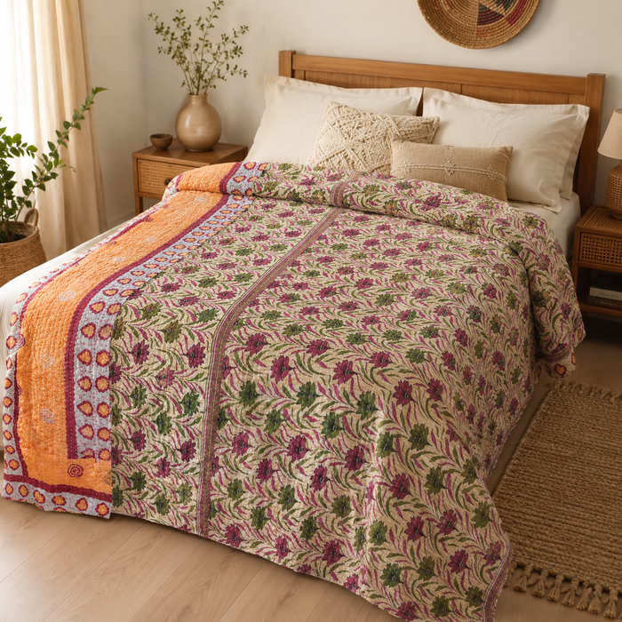 Indian Handmade Vintage Kantha Quilt Twin 55x85 Inches – Reversible Cotton Bedspread & Boho Throw Blanket | EBY-TW-255