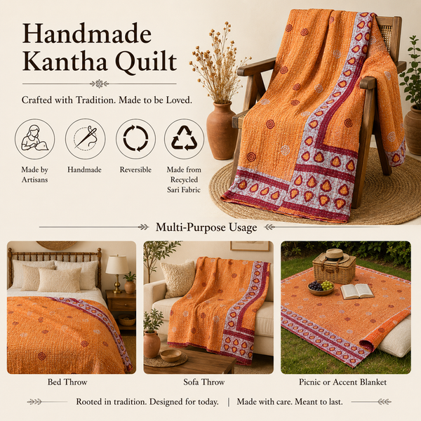 Coral & Orange Floral Vintage Kantha Quilt – Handmade Reversible Twin Cotton Bedspread & Boho Throw Blanket | EBY-TW-255