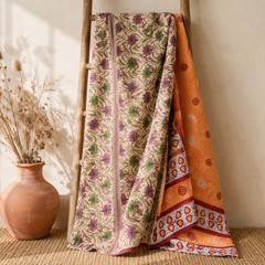 Coral & Orange Floral handmade vintage Kantha quilt EBY-TW-255 – reversible cotton twin boho bedspread