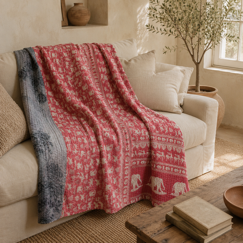 Stone Grey handmade vintage Kantha quilt EBY-TW-256 – reversible cotton twin boho bedspread