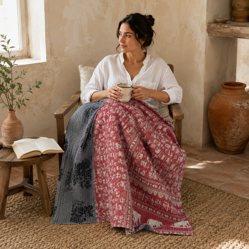 Stone Grey handmade vintage Kantha quilt EBY-TW-256 – reversible cotton twin boho bedspread