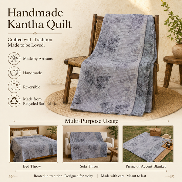 Stone Grey handmade vintage Kantha quilt EBY-TW-256 – reversible cotton twin boho bedspread