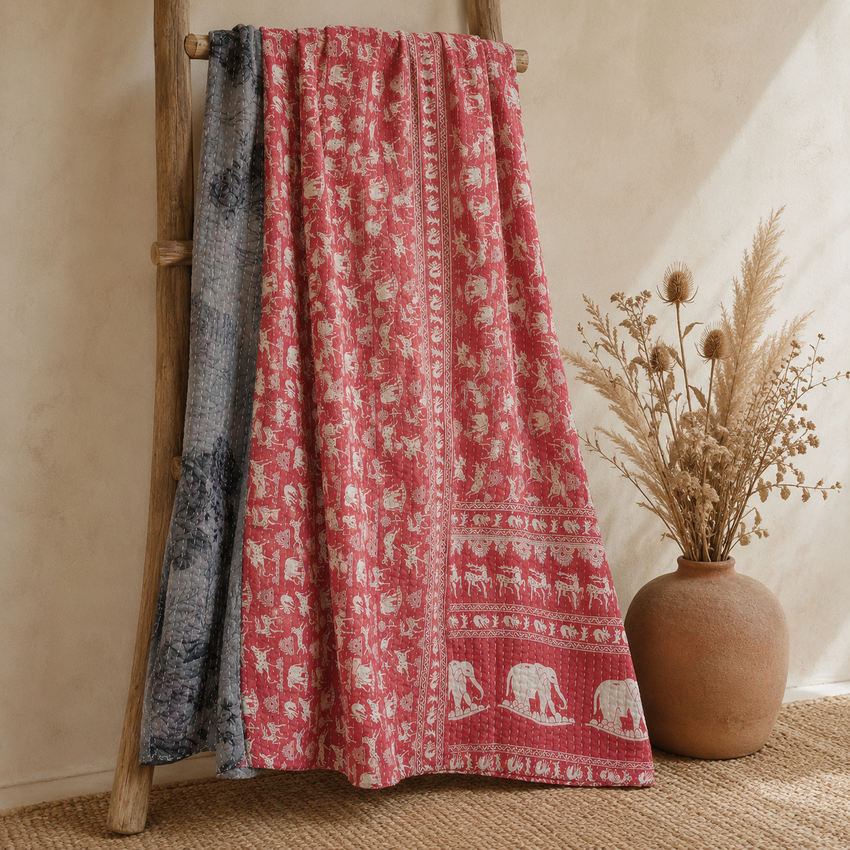 Stone Grey handmade vintage Kantha quilt EBY-TW-256 – reversible cotton twin boho bedspread