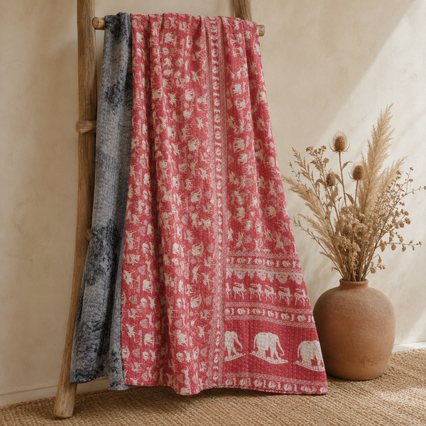 Stone Grey handmade vintage Kantha quilt EBY-TW-256 – reversible cotton twin boho bedspread