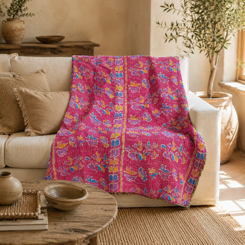 Olive Green Striped handmade vintage Kantha quilt EBY-TW-257 – reversible cotton twin boho bedspread