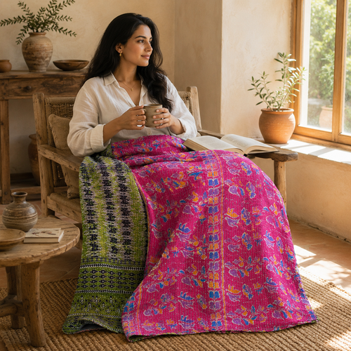 Olive Green Striped handmade vintage Kantha quilt EBY-TW-257 – reversible cotton twin boho bedspread