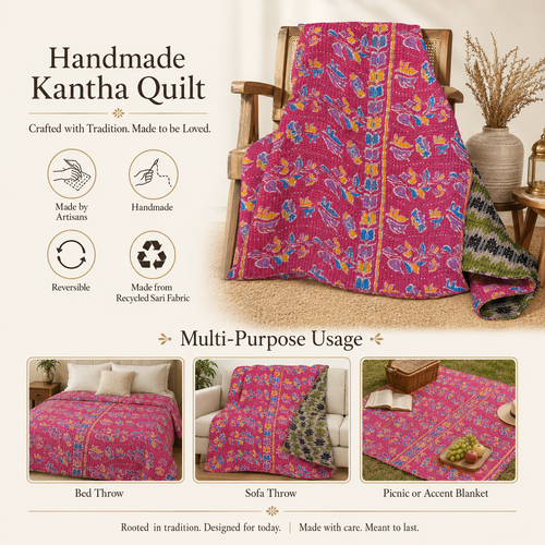 Olive Green Striped handmade vintage Kantha quilt EBY-TW-257 – reversible cotton twin boho bedspread