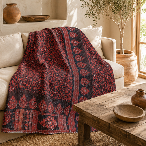 Burgundy Red handmade vintage Kantha quilt EBY-TW-258 – reversible cotton twin boho bedspread