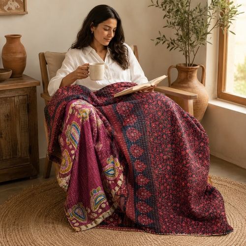 Burgundy Red handmade vintage Kantha quilt EBY-TW-258 – reversible cotton twin boho bedspread