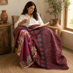 Burgundy Red handmade vintage Kantha quilt EBY-TW-258 – reversible cotton twin boho bedspread