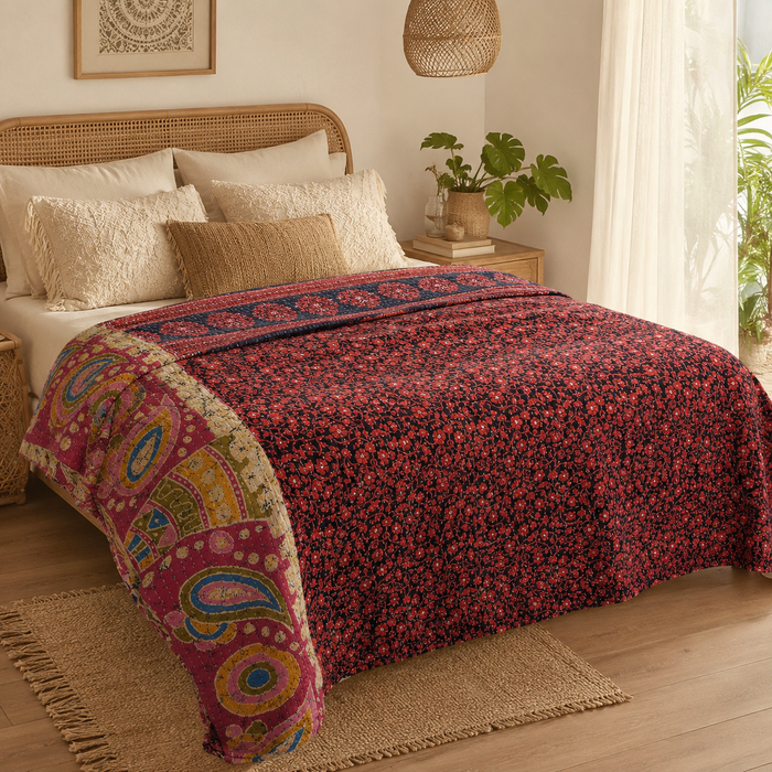 Indian Handmade Vintage Kantha Quilt Twin 55x85 Inches – Reversible Cotton Bedspread & Boho Throw Blanket | EBY-TW-258