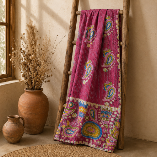 Burgundy Red handmade vintage Kantha quilt EBY-TW-258 – reversible cotton twin boho bedspread