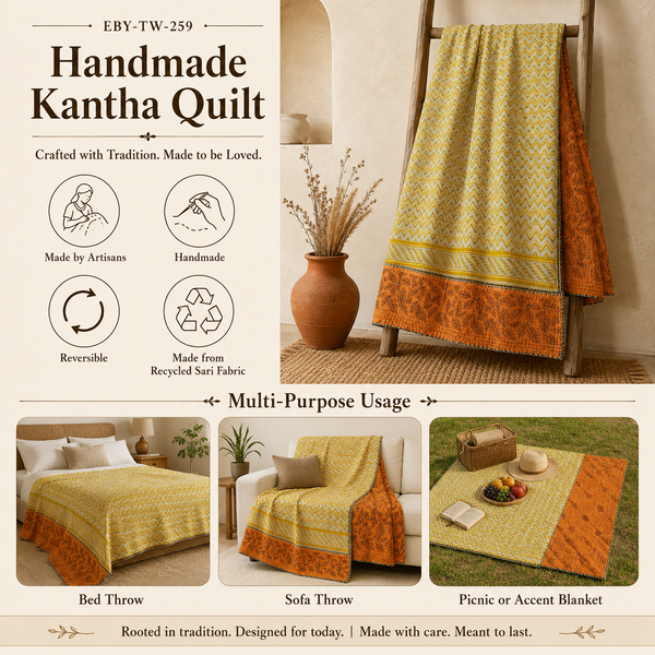 Green & Red Floral Bouquet handmade vintage Kantha quilt EBY-TW-259 – reversible cotton twin boho bedspread