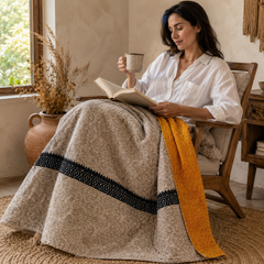 Navy & White Floral Bud handmade vintage Kantha quilt EBY-TW-260 – reversible cotton twin boho bedspread