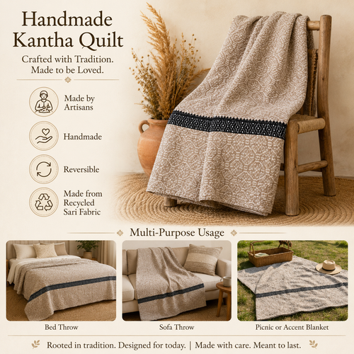 Navy & White Floral Bud handmade vintage Kantha quilt EBY-TW-260 – reversible cotton twin boho bedspread