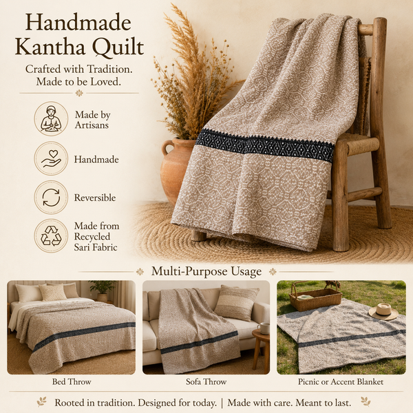 Navy & White Floral Bud handmade vintage Kantha quilt EBY-TW-260 – reversible cotton twin boho bedspread