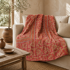 Saffron Orange Floral handmade vintage Kantha quilt EBY-TW-261 – reversible cotton twin boho bedspread