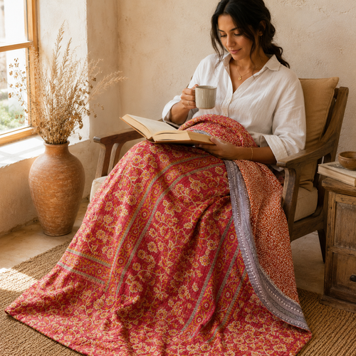 Saffron Orange Floral handmade vintage Kantha quilt EBY-TW-261 – reversible cotton twin boho bedspread