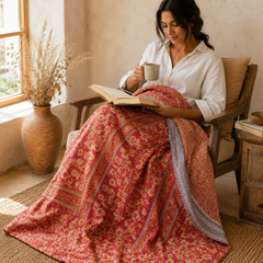 Saffron Orange Floral handmade vintage Kantha quilt EBY-TW-261 – reversible cotton twin boho bedspread