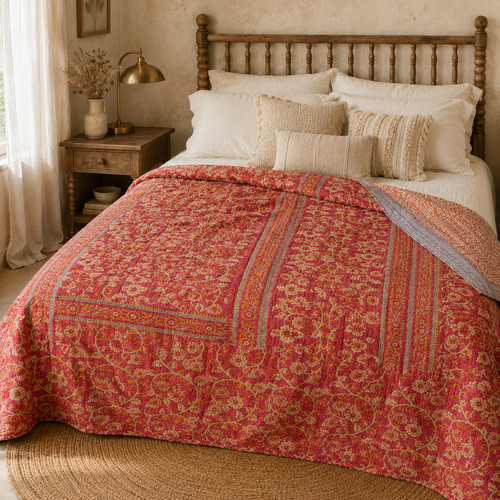 Saffron Orange Floral handmade vintage Kantha quilt EBY-TW-261 – reversible cotton twin boho bedspread