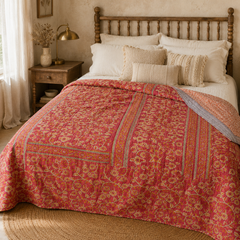 Saffron Orange Floral handmade vintage Kantha quilt EBY-TW-261 – reversible cotton twin boho bedspread