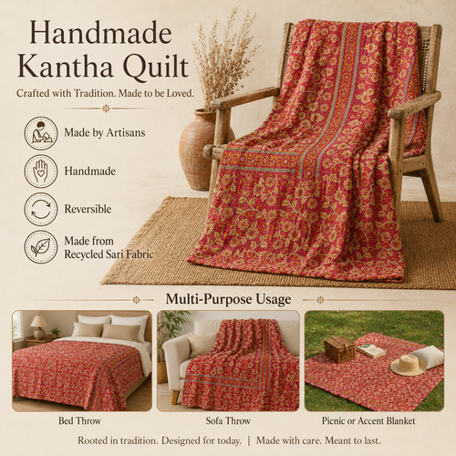 Saffron Orange Floral handmade vintage Kantha quilt EBY-TW-261 – reversible cotton twin boho bedspread
