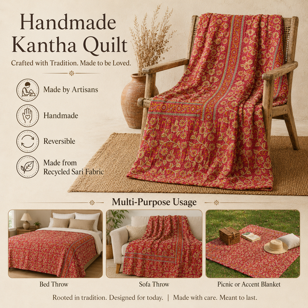 Saffron Orange Floral handmade vintage Kantha quilt EBY-TW-261 – reversible cotton twin boho bedspread