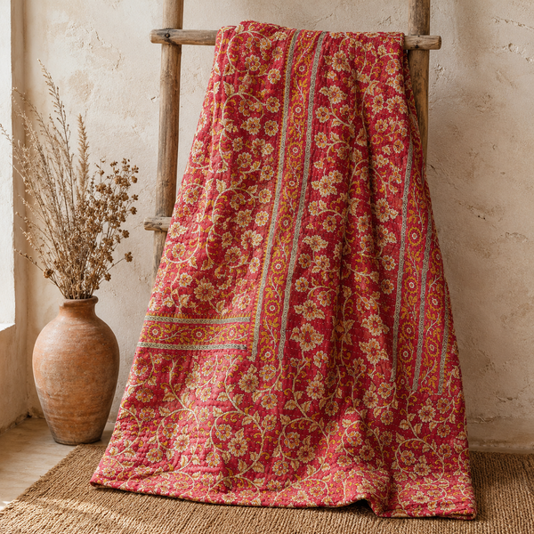Saffron Orange Floral handmade vintage Kantha quilt EBY-TW-261 – reversible cotton twin boho bedspread