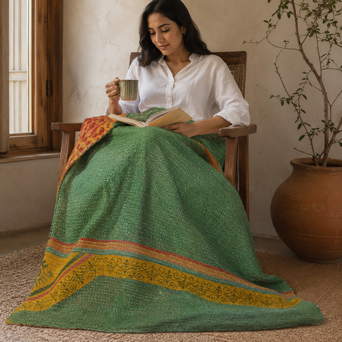 Ivory & Red Booti Print handmade vintage Kantha quilt EBY-TW-262 – reversible cotton twin boho bedspread