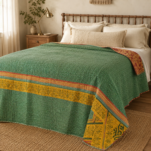 Ivory & Red Booti Print handmade vintage Kantha quilt EBY-TW-262 – reversible cotton twin boho bedspread