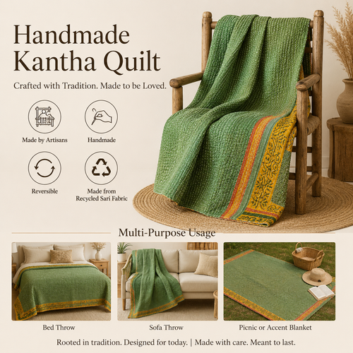 Ivory & Red Booti Print handmade vintage Kantha quilt EBY-TW-262 – reversible cotton twin boho bedspread
