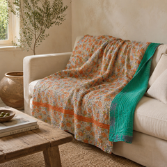 Teal Green & Pink Floral handmade vintage Kantha quilt EBY-TW-263 – reversible cotton twin boho bedspread