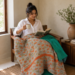 Teal Green & Pink Floral handmade vintage Kantha quilt EBY-TW-263 – reversible cotton twin boho bedspread
