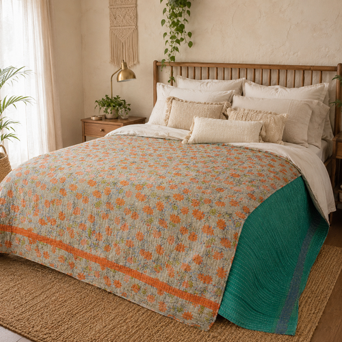 Teal Green & Pink Floral handmade vintage Kantha quilt EBY-TW-263 – reversible cotton twin boho bedspread