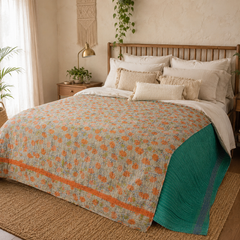 Teal Green & Pink Floral handmade vintage Kantha quilt EBY-TW-263 – reversible cotton twin boho bedspread
