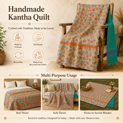 Teal Green & Pink Floral handmade vintage Kantha quilt EBY-TW-263 – reversible cotton twin boho bedspread