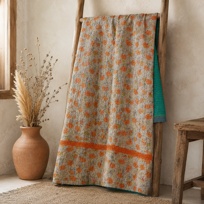 Teal Green & Pink Floral Vintage Kantha Quilt – Handmade Reversible Twin Cotton Bedspread & Boho Throw Blanket | EBY-TW-263