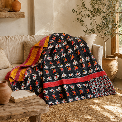 Deep Purple Motif handmade vintage Kantha quilt EBY-TW-264 – reversible cotton twin boho bedspread
