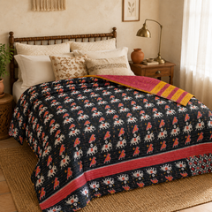 Deep Purple Motif handmade vintage Kantha quilt EBY-TW-264 – reversible cotton twin boho bedspread