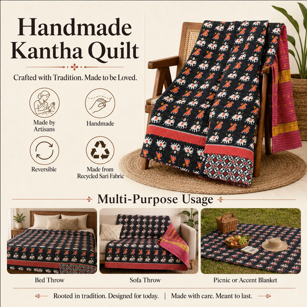 Deep Purple Motif handmade vintage Kantha quilt EBY-TW-264 – reversible cotton twin boho bedspread