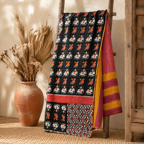 Deep Purple Motif handmade vintage Kantha quilt EBY-TW-264 – reversible cotton twin boho bedspread