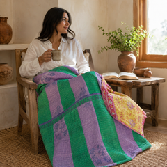 Mustard Gold Floral Vine handmade vintage Kantha quilt EBY-TW-265 – reversible cotton twin boho bedspread
