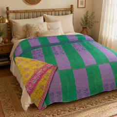 Mustard Gold Floral Vine handmade vintage Kantha quilt EBY-TW-265 – reversible cotton twin boho bedspread