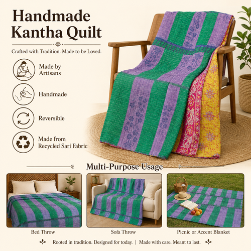 Mustard Gold Floral Vine handmade vintage Kantha quilt EBY-TW-265 – reversible cotton twin boho bedspread