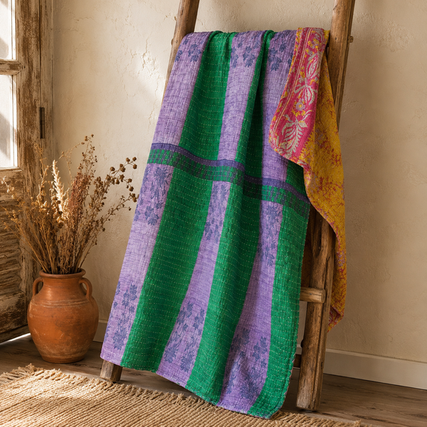 Mustard Gold Floral Vine handmade vintage Kantha quilt EBY-TW-265 – reversible cotton twin boho bedspread