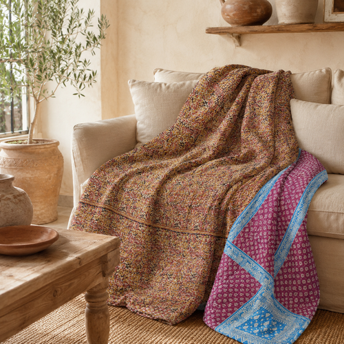 Rose Pink Paisley handmade vintage Kantha quilt EBY-TW-266 – reversible cotton twin boho bedspread