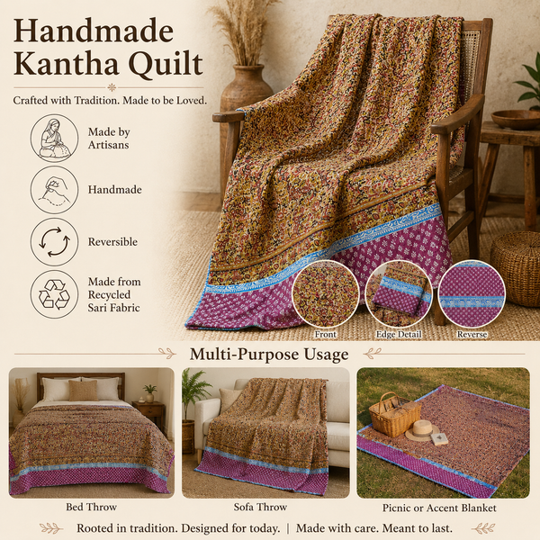 Rose Pink Paisley handmade vintage Kantha quilt EBY-TW-266 – reversible cotton twin boho bedspread